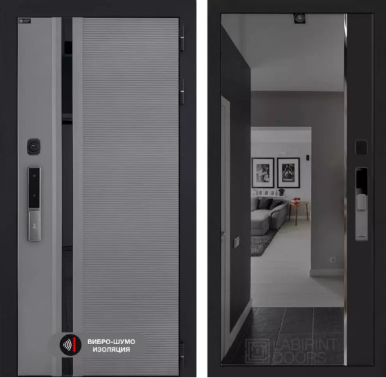 Входная дверь Пиано Смарт 2.0 с зеркалом (тонированное) Панорама - Черный кварц | Фрезерованная МДФ панель 10 мм, цвет 