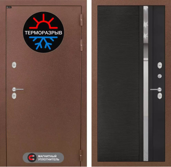 Входная дверь Термо Магнит 31 - Черный кварц, зеркальная вставка с тонировкой | Металл с 2-х слойным покрытием. 1 слой - цинкосодержащий грунт, 2 слой - покраска 