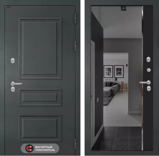 Входная дверь Атлантик с зеркалом Панорама с тонировкой - Черный кварц