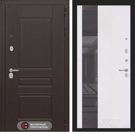 Входная дверь Мегаполис с Зеркалом 32 тонированным - Белый рельеф софт | Декоративная MDF панель 10 мм с фрезерованным наличником, цвет 