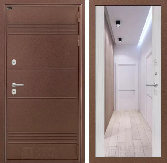 Входная дверь Термо Лайт с Зеркалом Макси - Сандал белый | Металлическая отделка с давлением и фигурным наличником