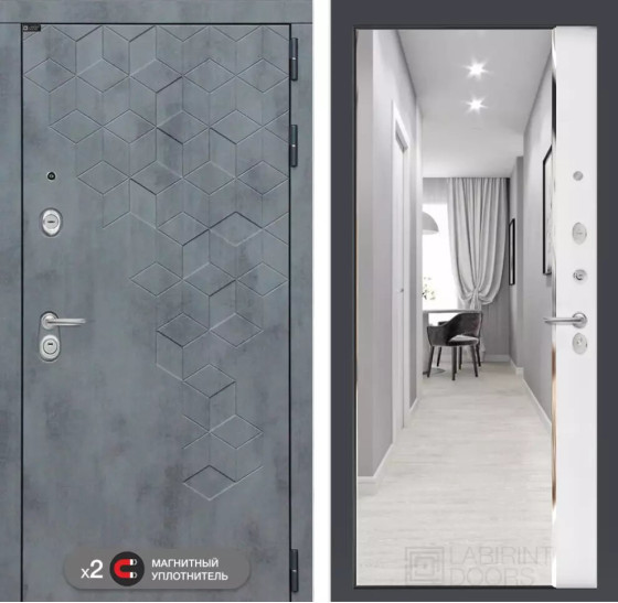 Входная дверь Бетон с зеркалом Панорама - Белый софт | Современная декоративная MDF панель 10 мм с наличником, цвет 