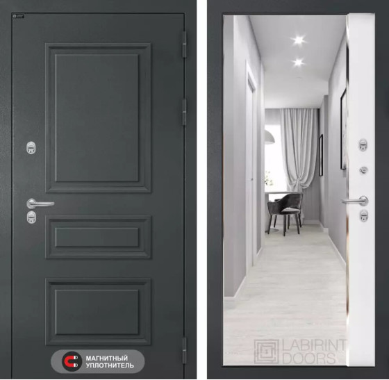 Входная дверь Атлантик с зеркалом Панорама - Белый софт | Металлическая отделка 3D филенка