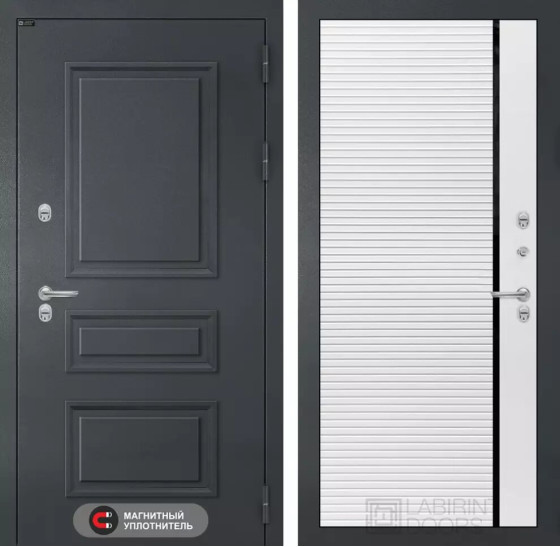 Входная дверь Атлантик 22 - Белый софт, черная вставка | Металлическая отделка 3D филенка