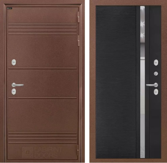 Входная дверь Термо Лайт 31 - Черный кварц, зеркальная вставка с тонировкой | Металлическая отделка с давлением и фигурным наличником