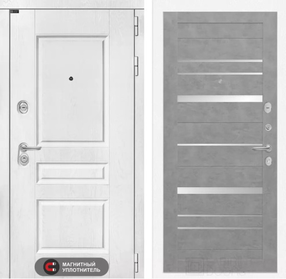 Входная дверь VERSAL 20 - Бетон светлый, зеркальные вставки | Классическая MDF панель 16 мм с наличником, цвет 