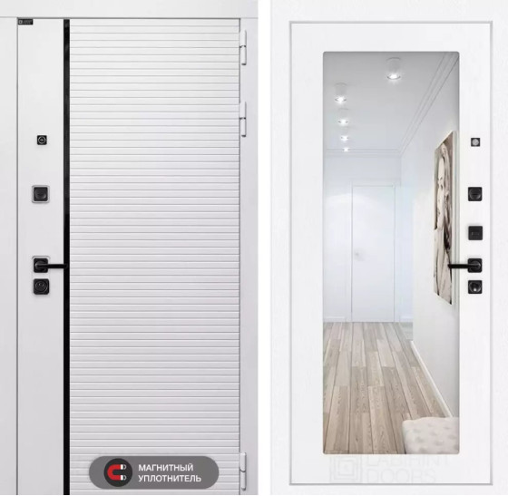 Входная дверь ROYAL с Зеркалом 18 - Белое дерево | Современная MDF панель 10 мм с наличником, цвет 