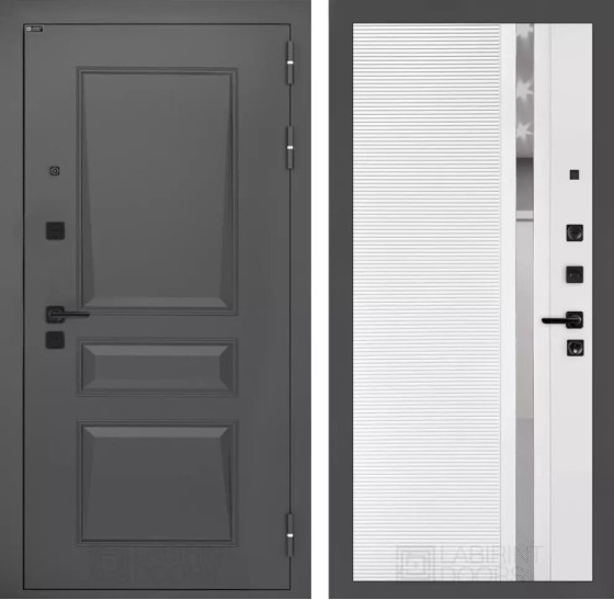 Входная дверь Орлеан 31 - Белый софт, зеркальная вставка с тонировкой | Металлическая отделка методом давления на полотне