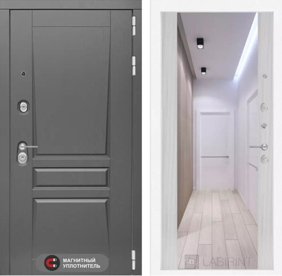 Входная дверь Платинум с Зеркалом Максимум - Сандал белый | Декоративная MDF панель 16 мм с наличником, цвет 