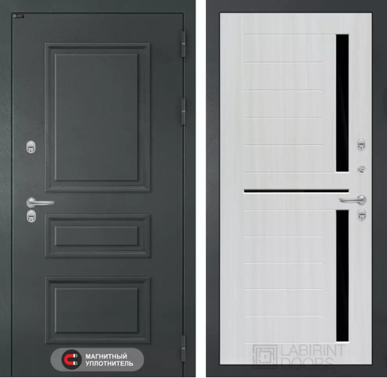 Входная дверь Атлантик 02 - Сандал белый, стекло черное | Металлическая отделка 3D филенка