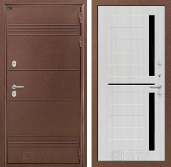 Входная дверь Термо Лайт 02 - Сандал белый, стекло черное | Металлическая отделка с давлением и фигурным наличником