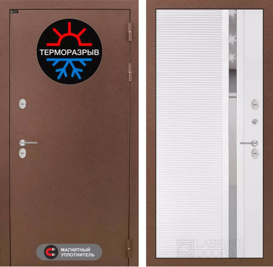 Входная дверь Термо Магнит 31 - Белый софт, зеркальная вставка с тонировкой | Металл с 2-х слойным покрытием. 1 слой - цинкосодержащий грунт, 2 слой - покраска 