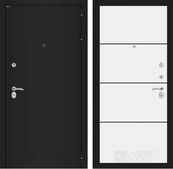 Входная дверь CLASSIC шагрень черная 25 - Белый софт, черный молдинг | Металл с практичным покрытием 