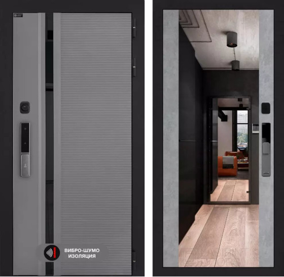 Входная дверь Пиано Смарт 2.0 с зеркалом Максимум - Бетон светлый | Фрезерованная МДФ панель 10 мм, цвет 