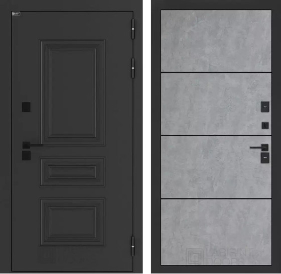 Входная дверь Аляска Лайт 25 - Бетон светлый, черный молдинг | Металлическая отделка методом давления на полотне