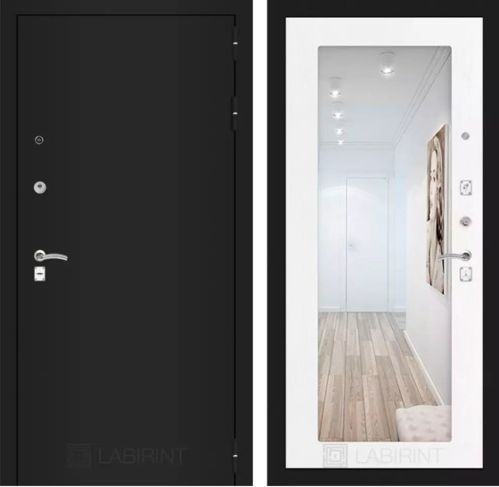 Входная дверь CLASSIC шагрень черная с Зеркалом 18 - Белое дерево | Металл с практичным покрытием 