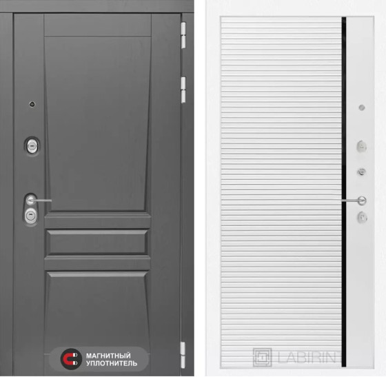 Входная дверь Платинум 22 - Белый софт, черная вставка | Декоративная MDF панель 16 мм с наличником, цвет 