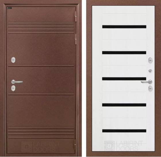 Входная дверь Термо Лайт 01 - Белое дерево, стекло черное | Металлическая отделка с давлением и фигурным наличником