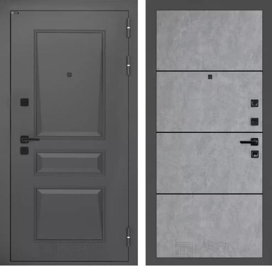 Входная дверь Орлеан 25 - Бетон светлый, черный молдинг | Металлическая отделка методом давления на полотне