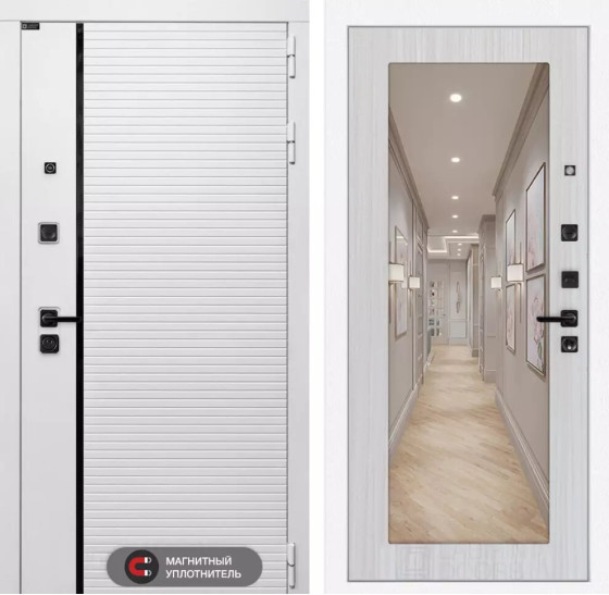 Входная дверь ROYAL с Зеркалом 18 - Сандал белый | Современная MDF панель 10 мм с наличником, цвет 