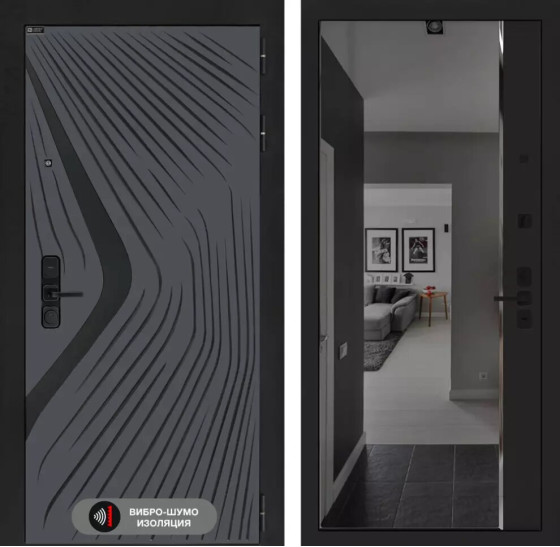 Входная дверь LEOLAB с зеркалом Панорама с тонировкой - Черный кварц | Фрезерованная МДФ панель 10 мм, цвет 