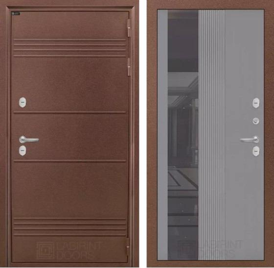 Входная дверь Термо Лайт с Зеркалом 32 тонированным - Серый рельеф софт | Металлическая отделка с давлением и фигурным наличником