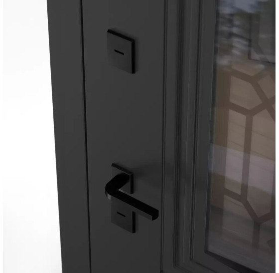 Входная дверь Верса с окном и решеткой (терморазрыв) | Металлическая отделка методом давления на полотне, 960х2050 мм (внешний 1130х2130 мм), 880х2050 мм (внешний 1050х2130 мм)