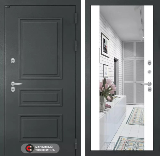 Входная дверь Атлантик с зеркалом Максимум - Белый софт | Металлическая отделка 3D филенка