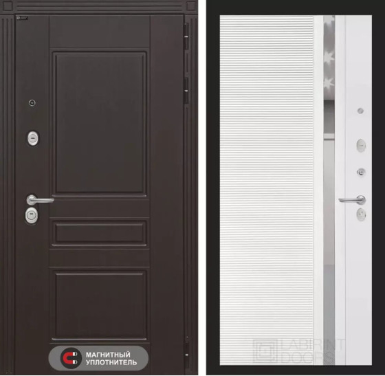 Входная дверь Мегаполис 31 - Белый софт, зеркальная вставка с тонировкой | Декоративная MDF панель 10 мм с фрезерованным наличником, цвет 