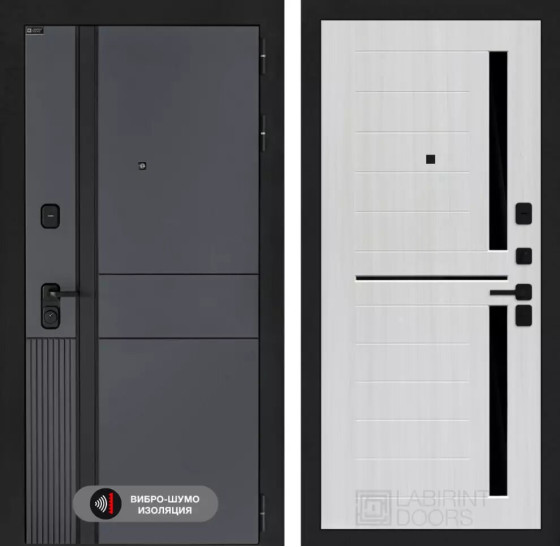 Входная дверь EVOLAB 02 - Сандал белый, стекло черное | Фрезерованная МДФ панель 10 мм, цвет 