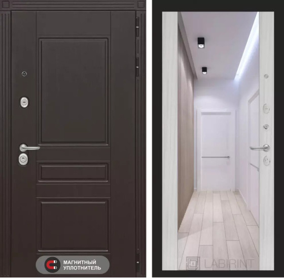 Входная дверь Мегаполис с зеркалом Максимум - Сандал белый | Декоративная MDF панель 10 мм с фрезерованным наличником, цвет 