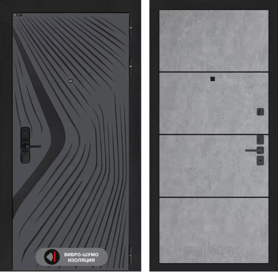 Входная дверь LEOLAB 25 - Бетон светлый, черный молдинг | Фрезерованная МДФ панель 10 мм, цвет 