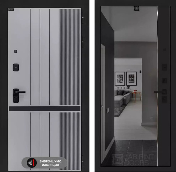 Входная дверь SKYLAB с зеркалом Панорама с тонировкой - Черный кварц | Фрезерованная МДФ панель 10 мм, цвет 