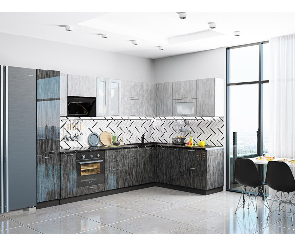 Кухонный гарнитур Валерия-М-05 | Серый металлик дождь светлый/Черный металлик дождь, угловая