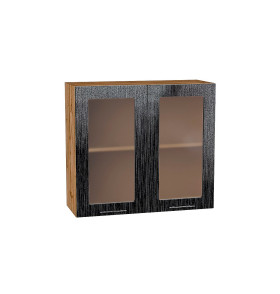 Шкаф верхний с 2-мя остекленными дверцами Валерия-М, цвет: Черный металлик дождь