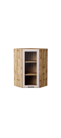 Шкаф верхний угловой остекленный Барселона, цвет: Кашемир | Пленка ПВХ., Кашемир