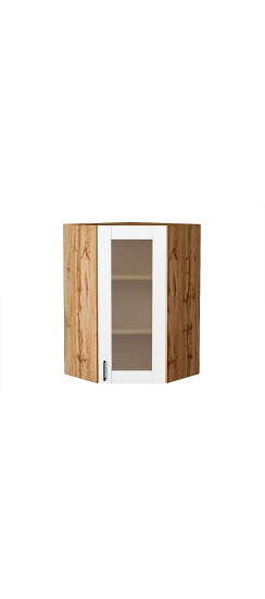 Шкаф верхний угловой остекленный Лофт, цвет: Super White | Винил — структурный материал с защитным слоем Overlay и мелкозернистой поверхностью (Южная Корея). Отделка осуществляется с использованием PUR-клея необратимой полимеризации., Super White