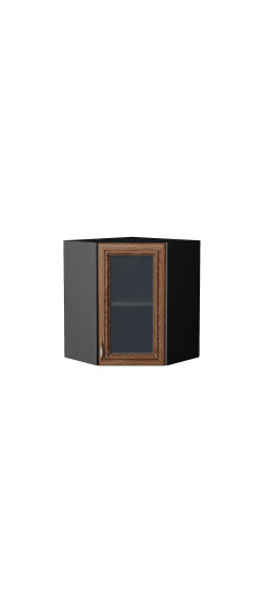 Шкаф верхний угловой остекленный Шале, цвет: Brown Dreamline | Эко Шпон — структурный материал с защитным слоем оверлея (Южная Корея). Отличается высокой стойкостью к истиранию и механическим повреждениям. Репродукция натуральных материалов — Super Realis