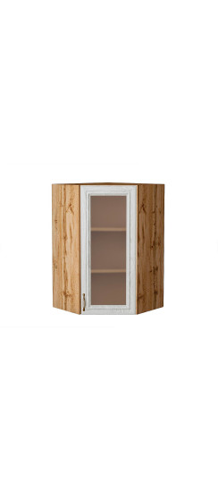 Шкаф верхний угловой остекленный Шале, цвет: White Dreamline | Эко Шпон — структурный материал с защитным слоем оверлея (Южная Корея). Отличается высокой стойкостью к истиранию и механическим повреждениям. Репродукция натуральных материалов — Super Realis