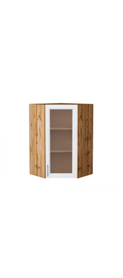 Шкаф верхний угловой остекленный Сканди, цвет: White Softwood | Эко Шпон с уникальным покрытием «Soft-touch» и защитным лаком (Япония)., White Softwood