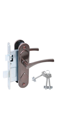 Замок врезной сувальдный с защёлкой в комплекте с ручкой ЗВ9.2-07 (медь антик), 3 кл. | Алюминий, -