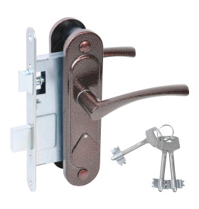 Замок врезной сувальдный с защёлкой в комплекте с ручкой ЗВ9.2-07 (медь антик), 3 кл.