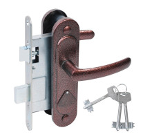 Замок врезной сувальдный с защёлкой в комплекте с ручкой ЗВ9.2-08 (медь антик), 3 кл.