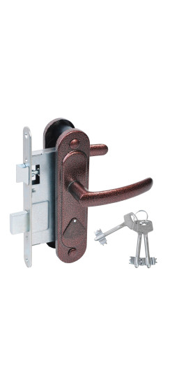 Замок врезной сувальдный с защёлкой в комплекте с ручкой ЗВ9.2-08 (медь антик), 3 кл. | Алюминий, -