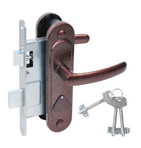 Замок врезной сувальдный с защёлкой в комплекте с ручкой ЗВ9.2-08 (медь антик), 3 кл.