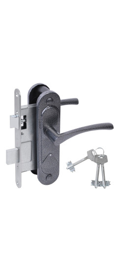 Замок врезной сувальдный с защёлкой в комплекте с ручкой ЗВ9.2-07 (серебро антик), 3 кл. | Алюминий, -