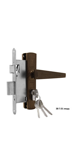 Замок врезной цилиндровый с защёлкой в комплекте с ручкой ЗВ7.01 (медь), 4 кл. | Алюминий, 35 мм