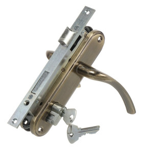 Замок врезной цилиндровый с защёлкой в комплекте с ручкой ЗВ4-70.27 (ант.бронза), 4 кл.