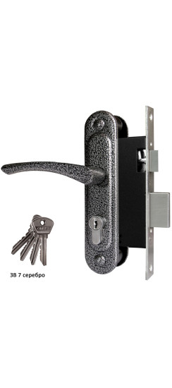 Замок врезной цилиндровый с защёлкой в комплекте с ручкой ЗВ7 (серебро), 4 кл. | Алюминий, 35 мм