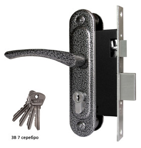 Замок врезной цилиндровый с защёлкой в комплекте с ручкой ЗВ7 (серебро), 4 кл.